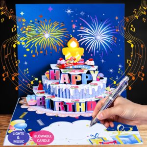 Happy Birthday Musical Greeting Card with blowable candle birthday card, fireworks sound birthday card, 3D cake pop up card, LED light up greeting card autoplay musical greeting card, jainchan