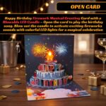 Happy Birthday Musical Greeting Card with blowable candle birthday card, fireworks sound birthday card, 3D cake pop up card, LED light up greeting card autoplay musical greeting card, jainchan